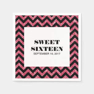 Pink Chevron Glitter Sweet 16 Paper Napkins