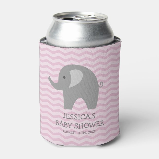 Pink chevron grey elephant baby shower can cooler (Can Front)