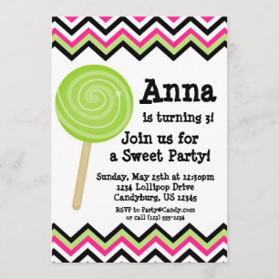 Pink Chevron Lollipop Birthday Party Invitation