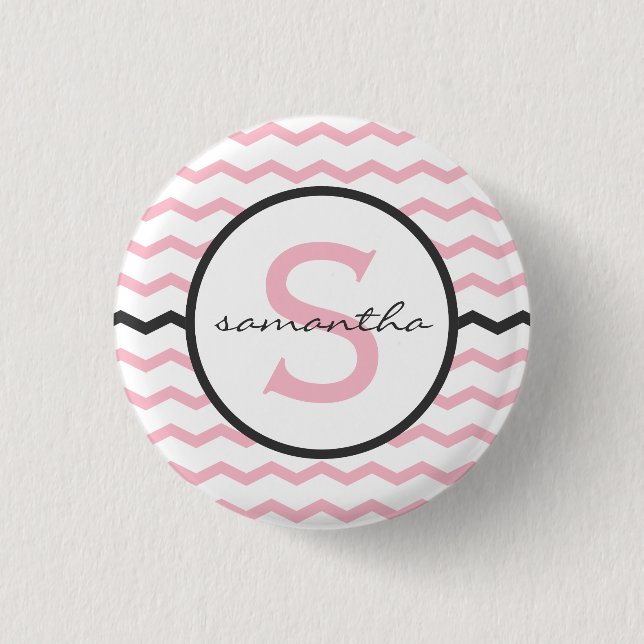 Pink Chevron Monogram 1 Inch Round Button (Front)