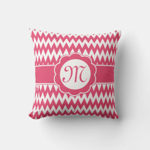 Pink Chevron Pattern & Monogram Flower Throw Pillow