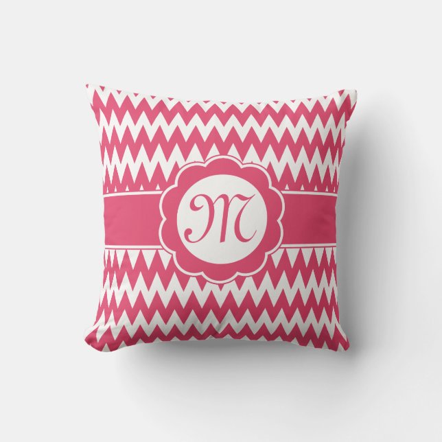 Pink Chevron Pattern & Monogram Flower Throw Pillow (Front)