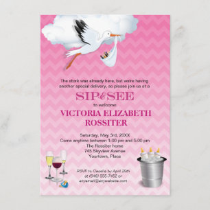 Pink Chevron Stork Baby Sip and See Party Invitation