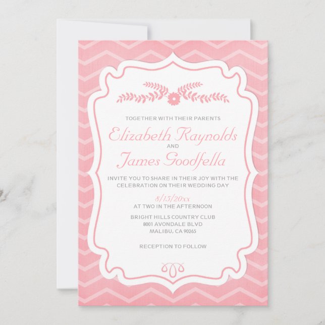 Pink Chevron Stripes Wedding Invitations (Front)