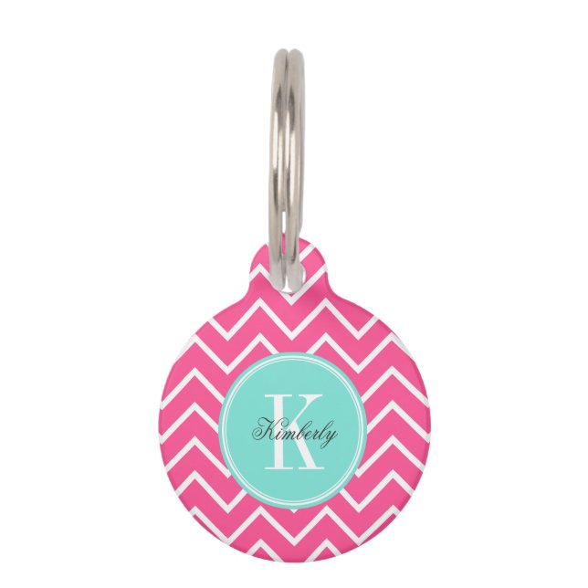 Pink Chevron with Turquoise Monogram Pet Tag (Front)