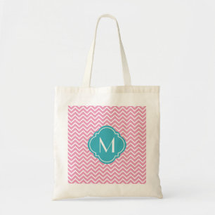 Pink Chevron Zigzag Stripes with Monogram Tote Bag