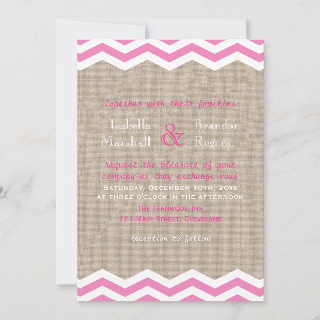 Pink Chevrons on Burlap Wedding Invitation (Front)