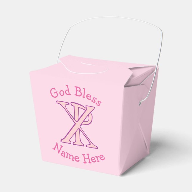 Pink Chi Ro Christian Cross on Pink Personalized  Favor Box (Front Side)