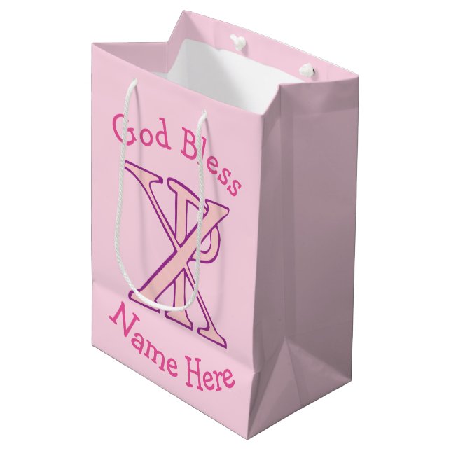 Pink Chi Ro Christian Cross on Pink Personalized  Medium Gift Bag (Front Angled)
