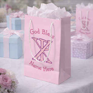 Pink Chi Ro Christian Cross on Pink Personalized  Small Gift Bag