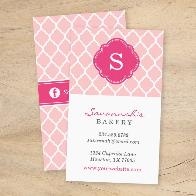 Pink Chic Moroccan Lattice Custom Monogram Business Card (Creator Uploaded)