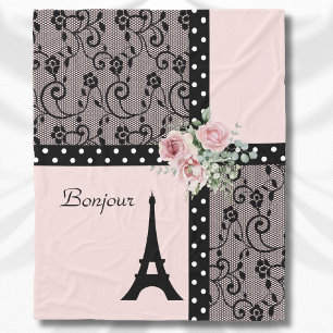 Pink Chic Polka Dot Paris Bonjour Blanket