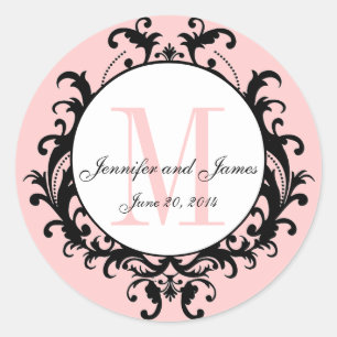 Pink Chic Wedding Monogram Names Date Sticker