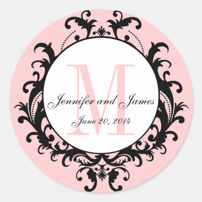 Pink Chic Wedding Monogram Names Date Sticker (Front)