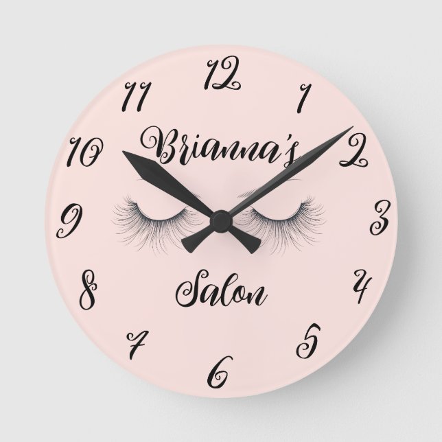 Pink Chic Wispy Eyelashes Salon Personalized Round Clock (Front)