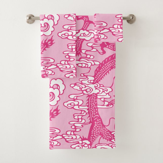 Pink Chinese Dragon Pattern Bath Towel Set (Insitu)