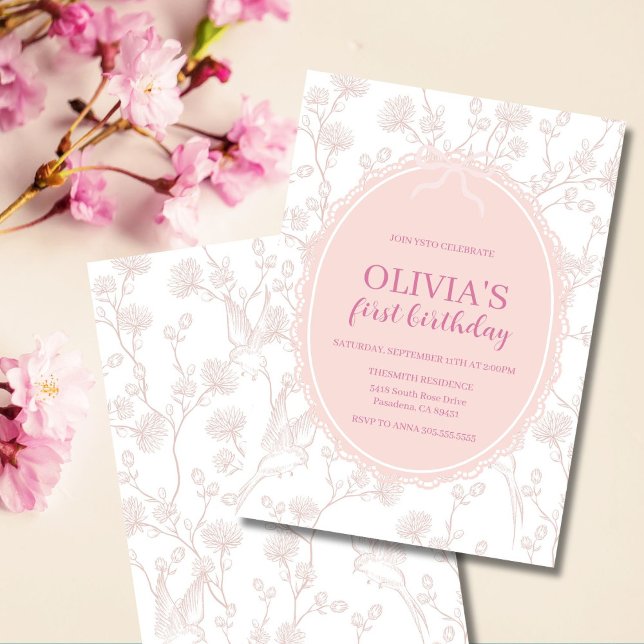 Pink Chinoiserie 1st Birthday  Invitation (Elegant pink chinoiserie birthday invitation, perfect for a girl’s first or any age party.)