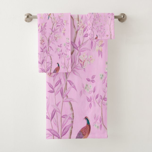 Pink Chinoiserie 3 Piece Luxury Bath Towel Set (Insitu)