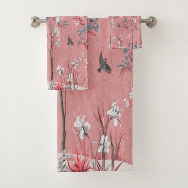 Pink Chinoiserie 3 Piece Luxury Bath Towel Set (Insitu)