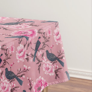 Pink Chinoiserie bird floral cotton dining  Tablecloth