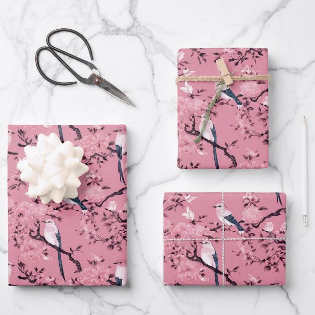 Pink Chinoiserie bird floral decoupage Wrapping Paper Sheet (Front)