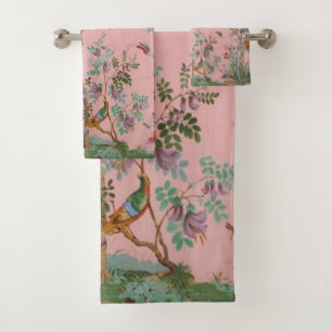 Pink Chinoiserie Bird Floral Elegant Bath Towel Set