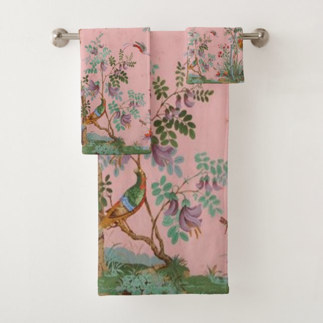 Pink Chinoiserie Bird Floral Elegant  Bath Towel Set (Insitu)