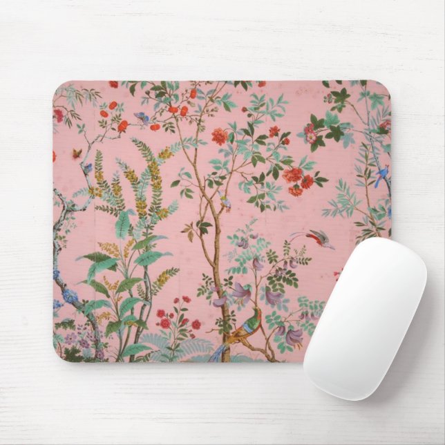 Pink Chinoiserie Bird Floral  Mouse Pad (With Mouse)