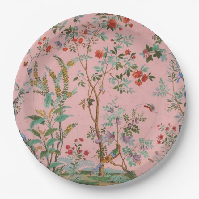Pink Chinoiserie Bird Floral Paper Plate (Front)