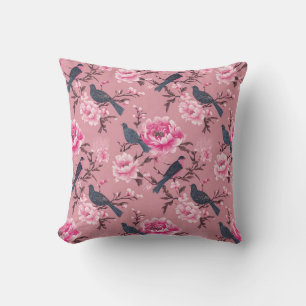 Pink Chinoiserie bird floral  Throw Pillow