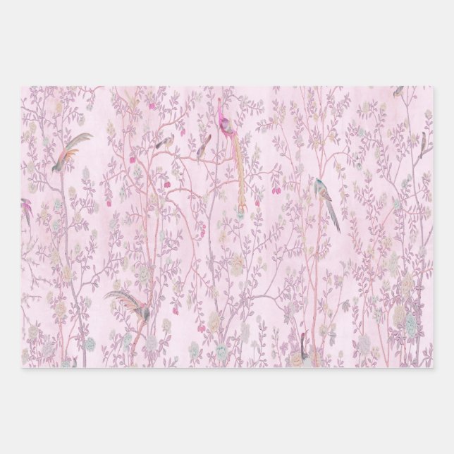 Pink Chinoiserie Bird Wrapping Paper Sheets  (Front)