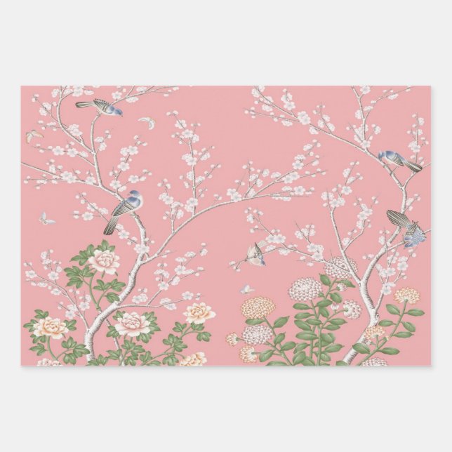 Pink Chinoiserie Bird Wrapping Paper Sheets  (Front)