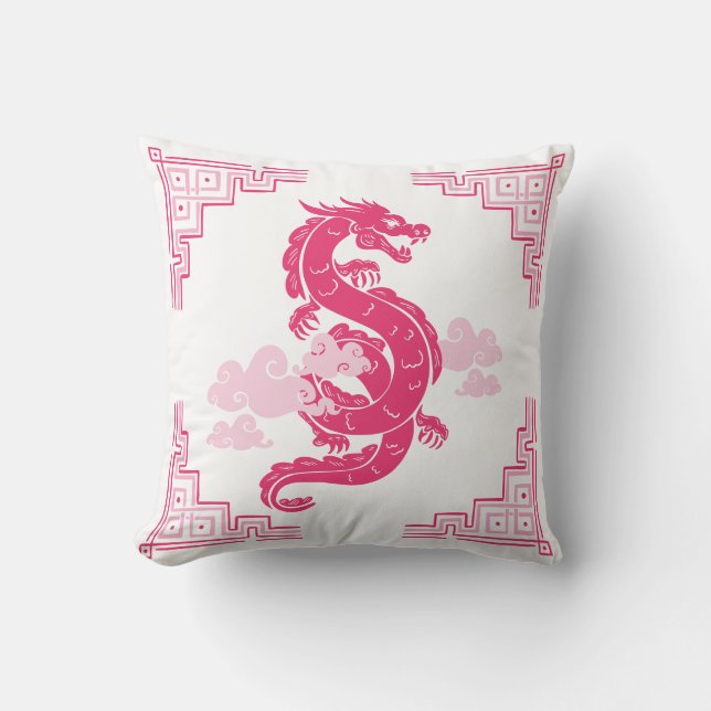 Pink Chinoiserie Dragon and Clouds Throw Pillow (Front)