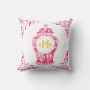Pink Chinoiserie Ginger Jar Monogram Throw Pillow