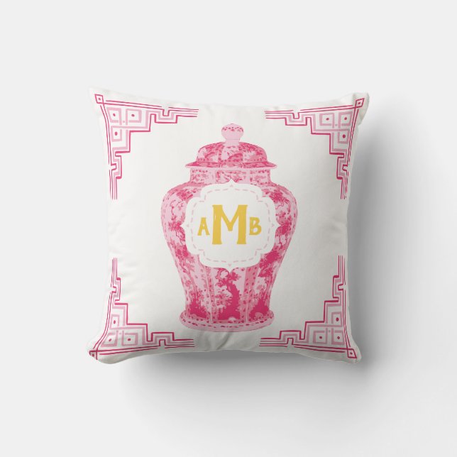 Pink Chinoiserie Ginger Jar Monogram Throw Pillow (Front)