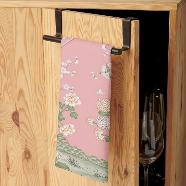 Pink Chinoiserie Kitchen Towel (Thirds Fold)