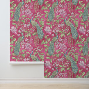 Pink Chinoiserie peacock floral peel and stick  Wallpaper