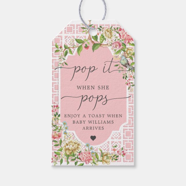 Pink Chinoiserie Pop When She Pops Favour Tag (Front)