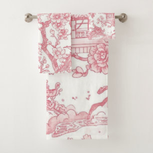 Pink Chinoiserie Toile Dragon Cherry Blossom Bath Towel Set