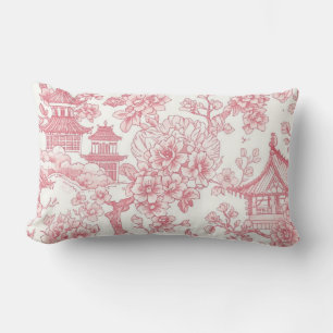 Pink Chinoiserie Toile Dragon Cherry Blossom Lumbar Pillow