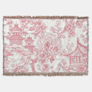 Pink Chinoiserie Toile Dragon Cherry Blossom Throw Blanket