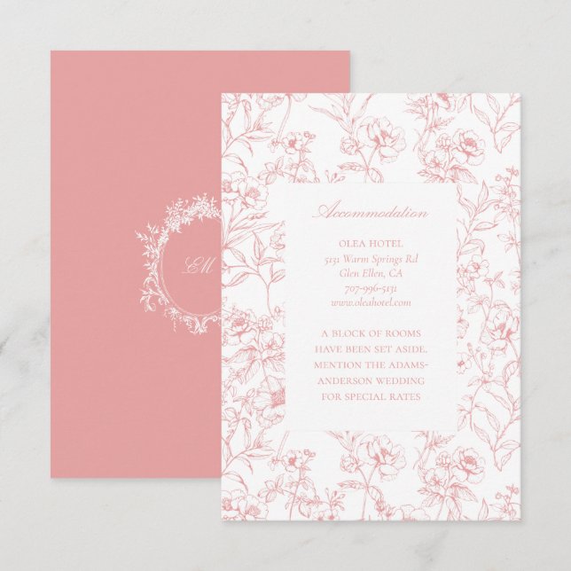 Pink Chinoiserie Toile Wedding Accommodation Enclosure Card (Front/Back)