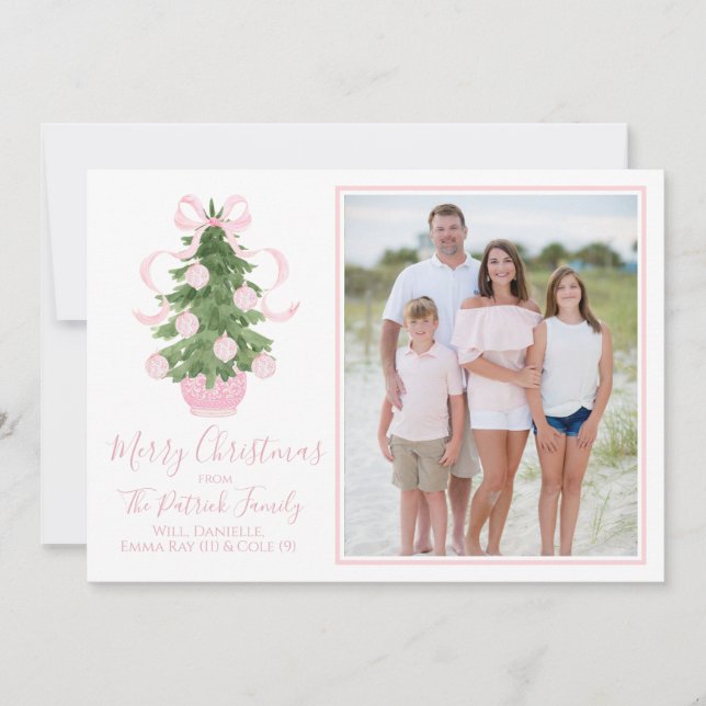 Pink Chinoiserie Tree Christmas Photo Card (Front)