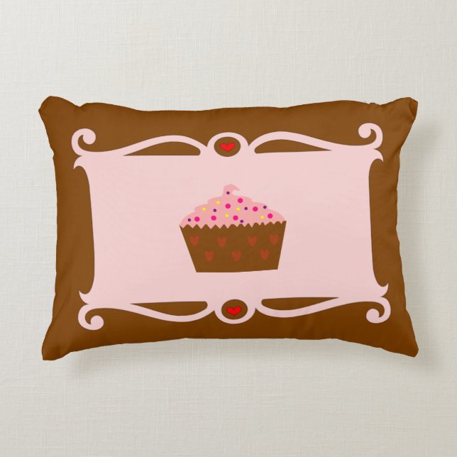 Pink & Chocolate Heart Cupcake Accent Pillow (Front)