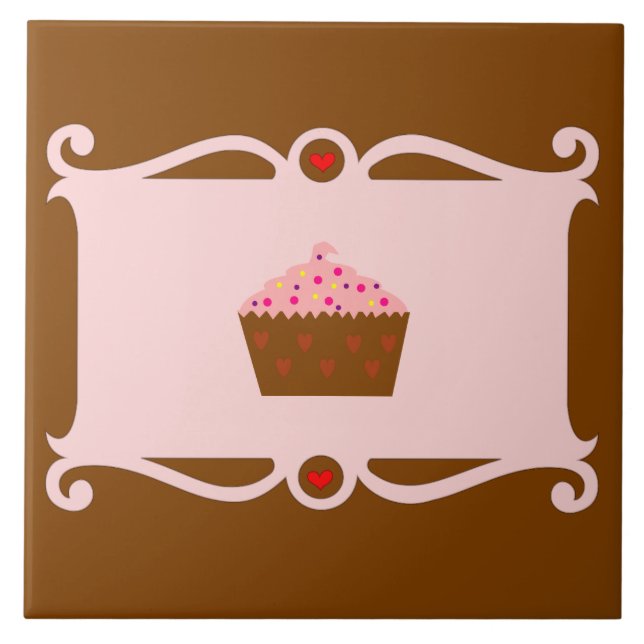 Pink & Chocolate Heart Cupcake Ceramic Tile (Front)