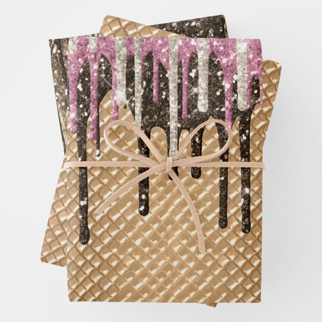 Pink Chocolate Ice Cream Cone Glitter Drips Wrapping Paper Sheet (In situ)