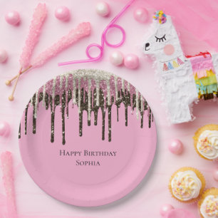 Pink Chocolate Ice Cream Glitter Drips Birthday Paper Plate