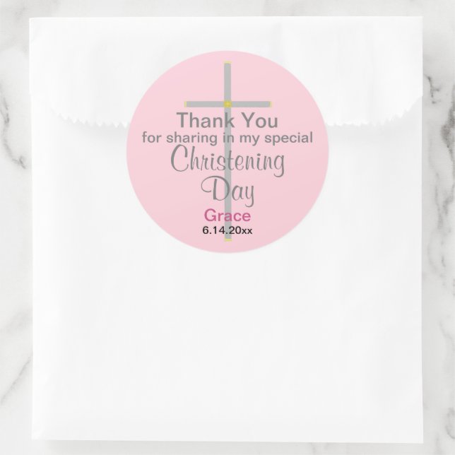 Pink Christening Daughter Thank You Classic Round Sticker (Bag)