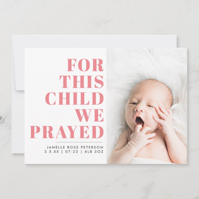 Pink Christian Photo Birth Announcement (Front)