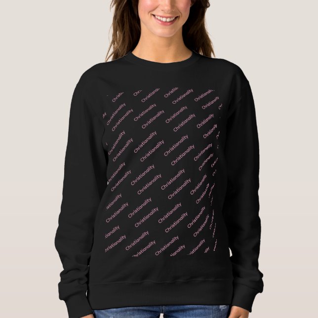 Pink christianality logo repeat on blk long sleeve sweatshirt (Front)